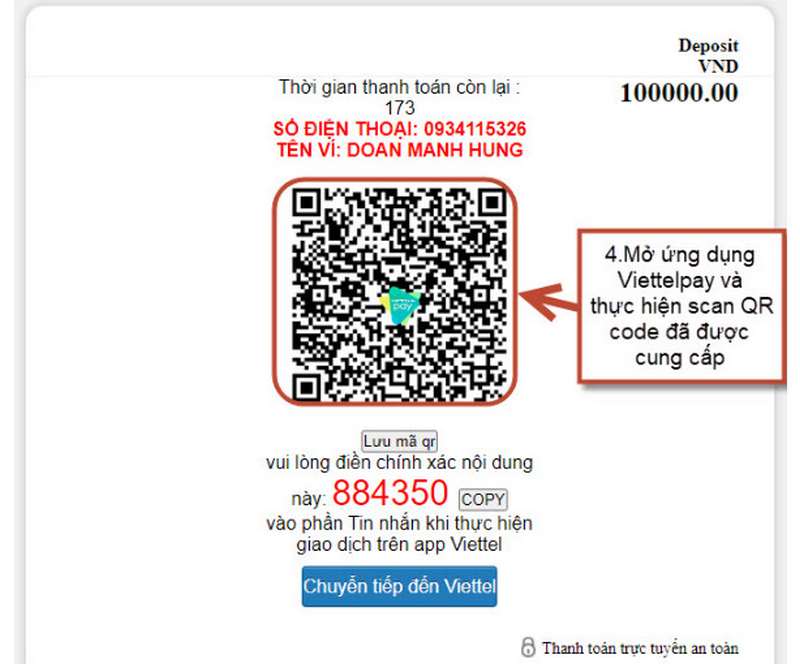 Ảnh 21: Quét mã QR và copy dòng chữ số màu đỏ và điền vào ô tin nhắn trong Viettelpay
